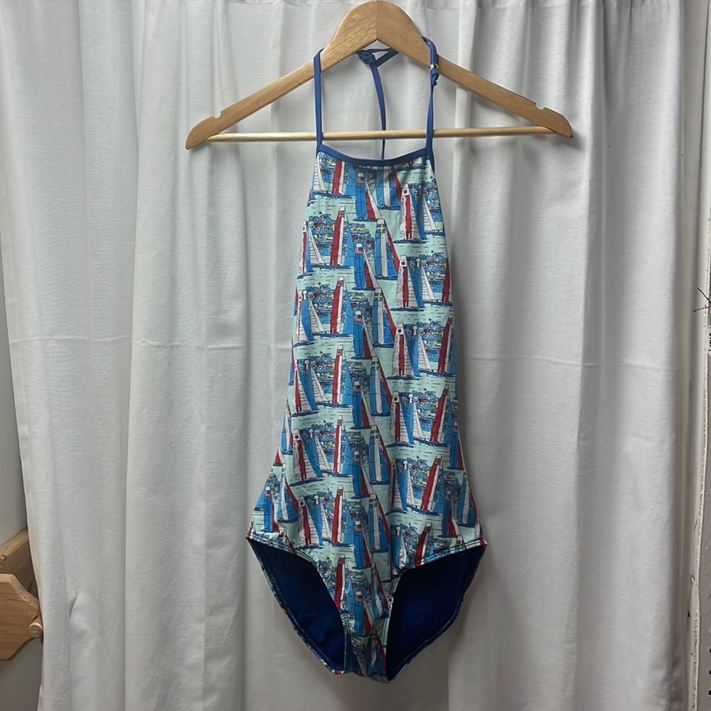 Vineyard Vines Blue Red World‎ Cup Sailboat Print Halter One Piece- XXS